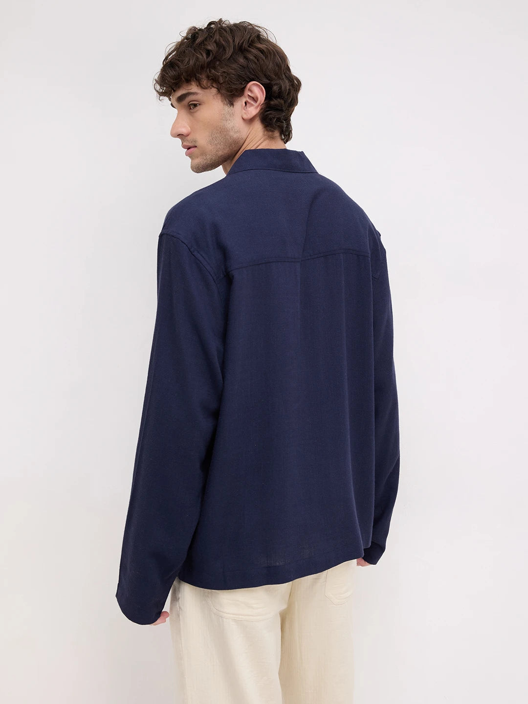 Luxe Navy Fine Textured Linen Blend Notch Collar Oversized Shirt