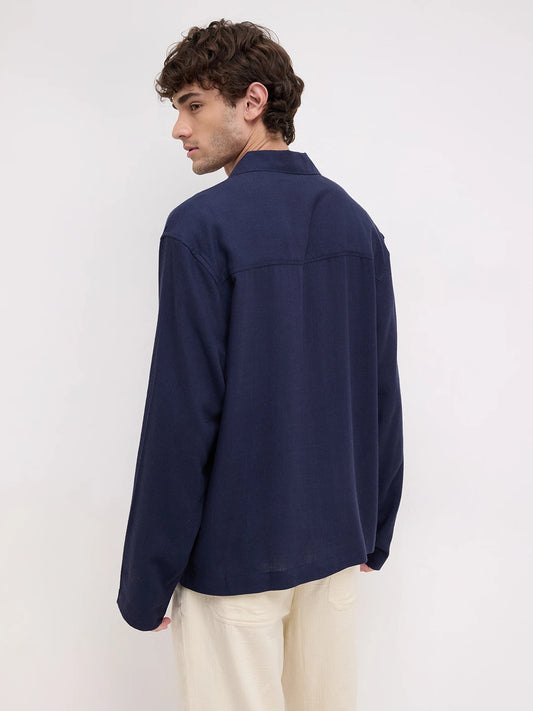 Luxe Navy Fine Textured Linen Blend Notch Collar Oversized Shirt