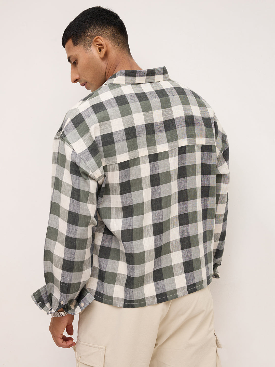 Distinguished Olive Block Checks Twin Pocket Boxy Fit Crop Shirt