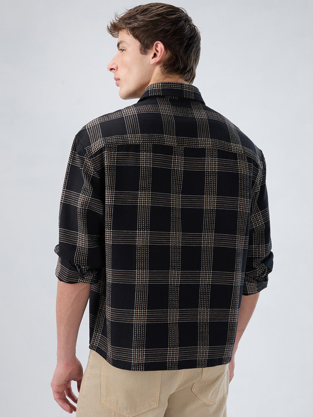 Black & Brown Contrast Panel Checks Boxy Fit Crop Shirt