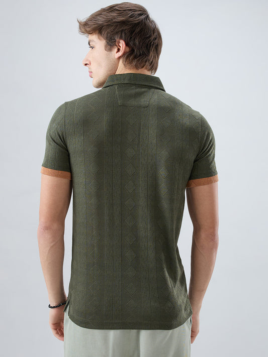 Olive Contrast Polo Neck Knit T-shirt