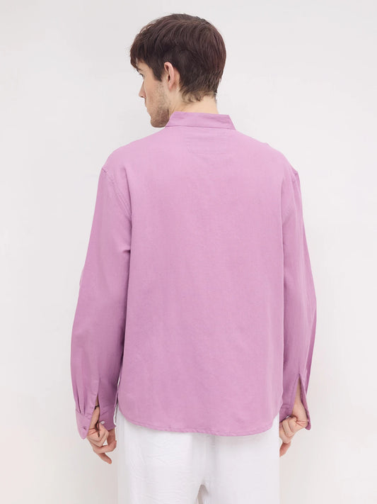 Rich Lilac Linen Blend Stand Collar Oversized Shirt