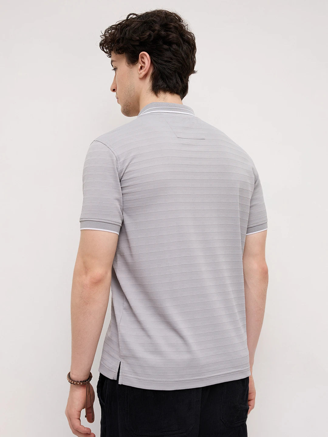 Silver Grey Horizontal Stripe Contrast Polo Knit T-Shirt