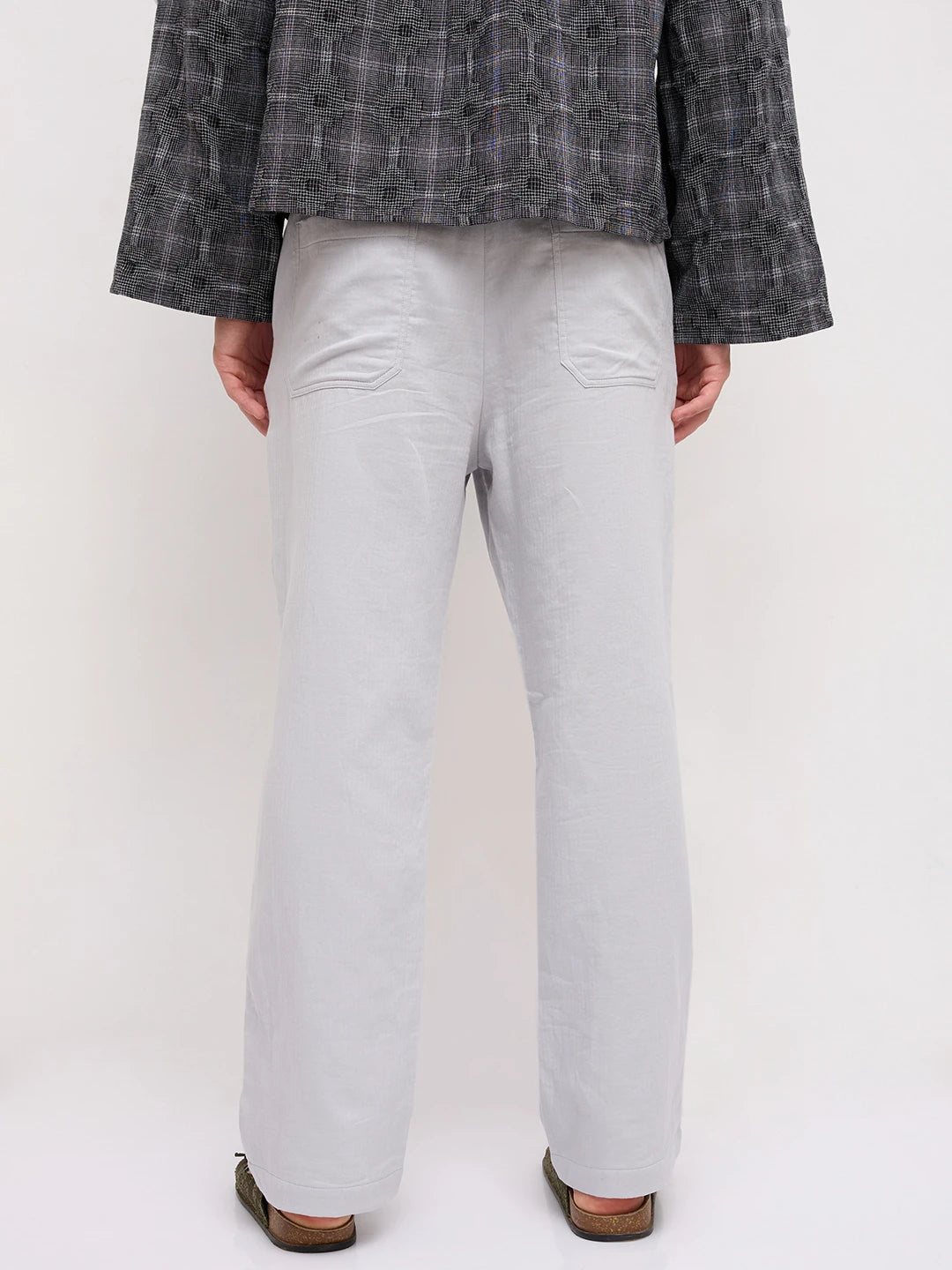Grey Fine Herringbone Textured Straight Fit Trousers