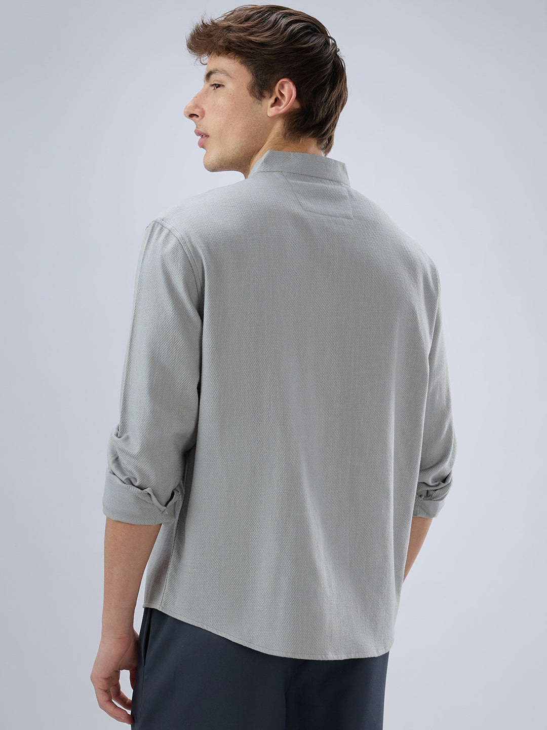 Plush Grey Diagonal Textured Stand Collar Oversized Shirt