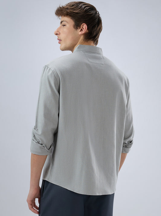 Plush Grey Diagonal Textured Stand Collar Oversized Shirt