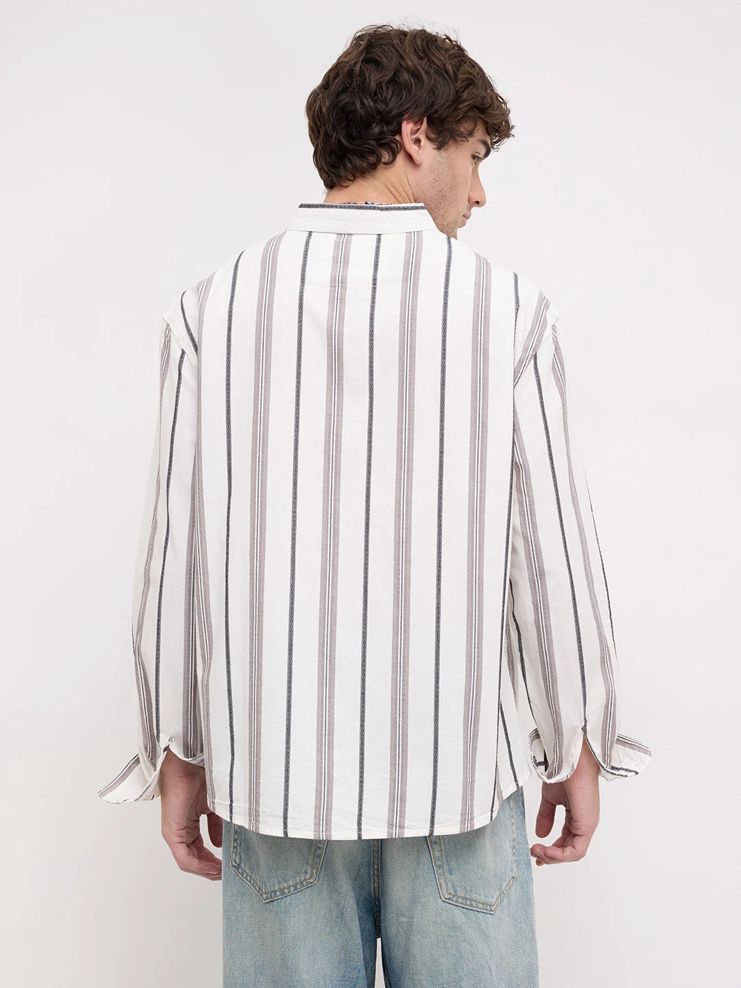White Intricate Motif Contrast Striped Stand Collar Oversized Shirt