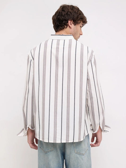 White Intricate Motif Contrast Striped Stand Collar Oversized Shirt