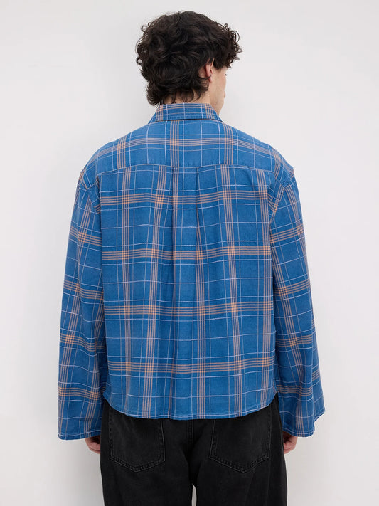 Denim Contrast Square Checks Cuffless Oversized Crop Shirt