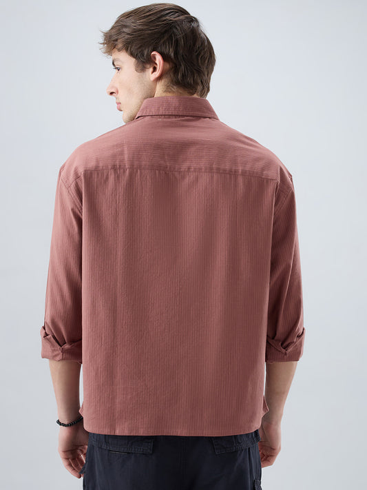 Dusty Brownish Pink Airy Striped Weave Boxy Fit Crop Shirt