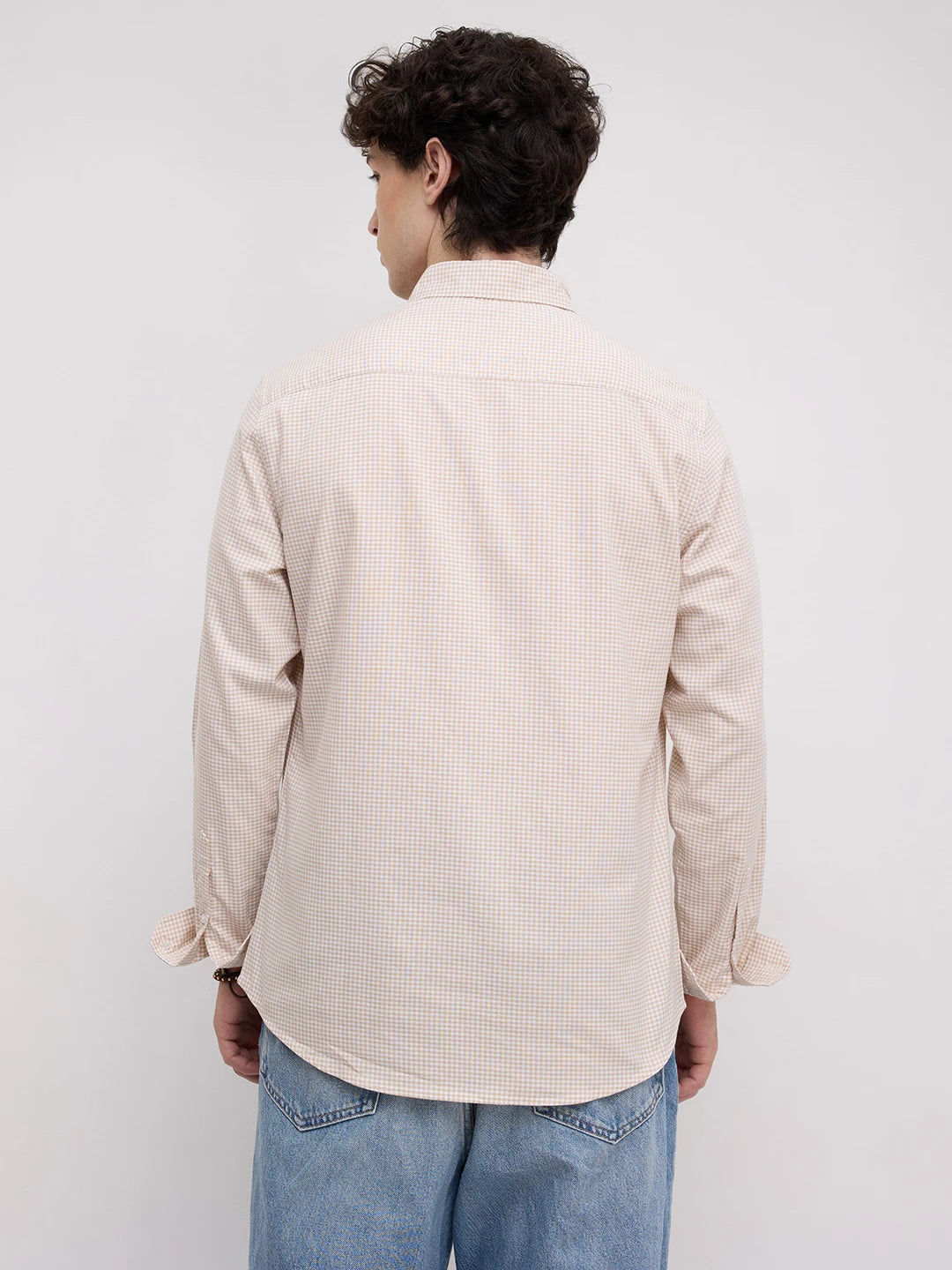 Sand Gingham Checks Button-Down Collar Business Shirt