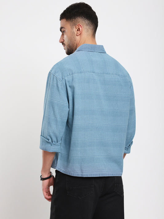 Denim Blue Crosshatch Textured  Boxy Fit Crop Shirt