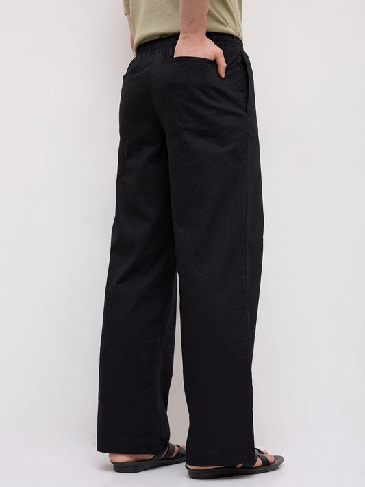 Black Fine Textured Wide Leg Trousers