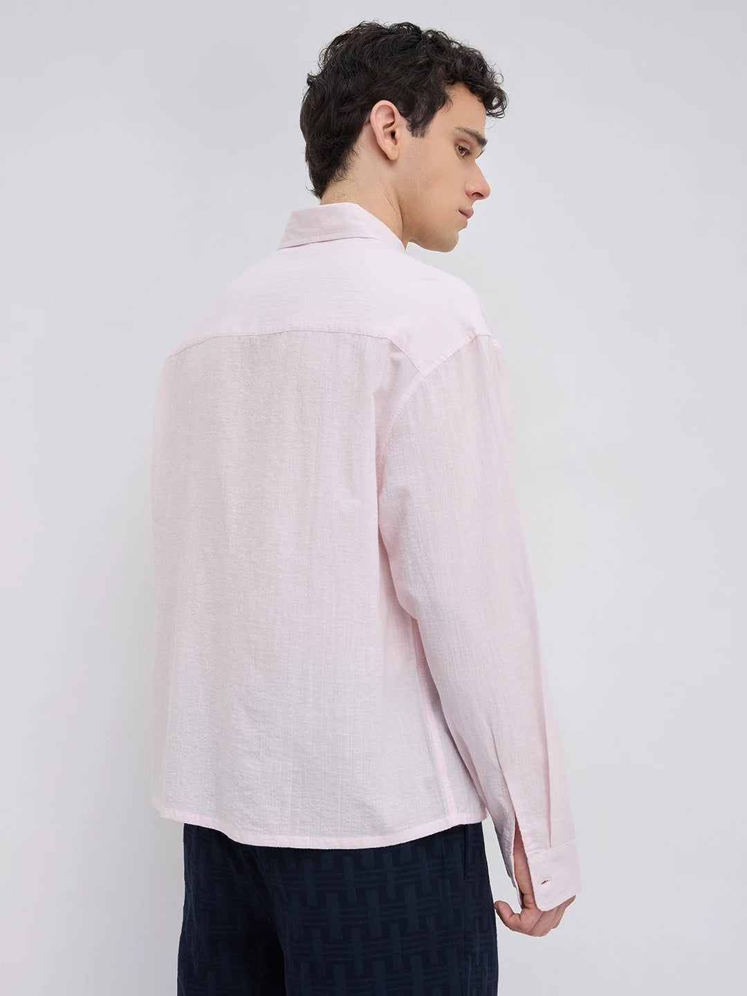 Blush Pink Fine Striped Textured Boxy Fit Crop Shirt