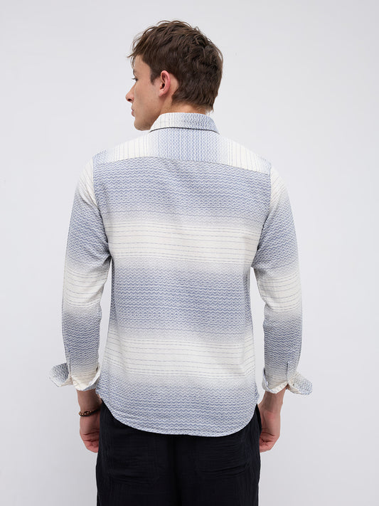 White & Blue Jacquard Wave Pattern Striped Shirt