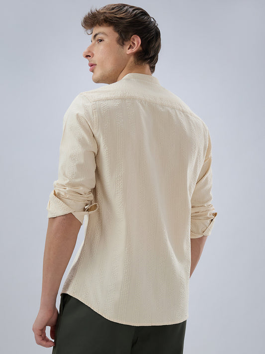 Bisque Beige Seersucker Striped Mandarin Shirt