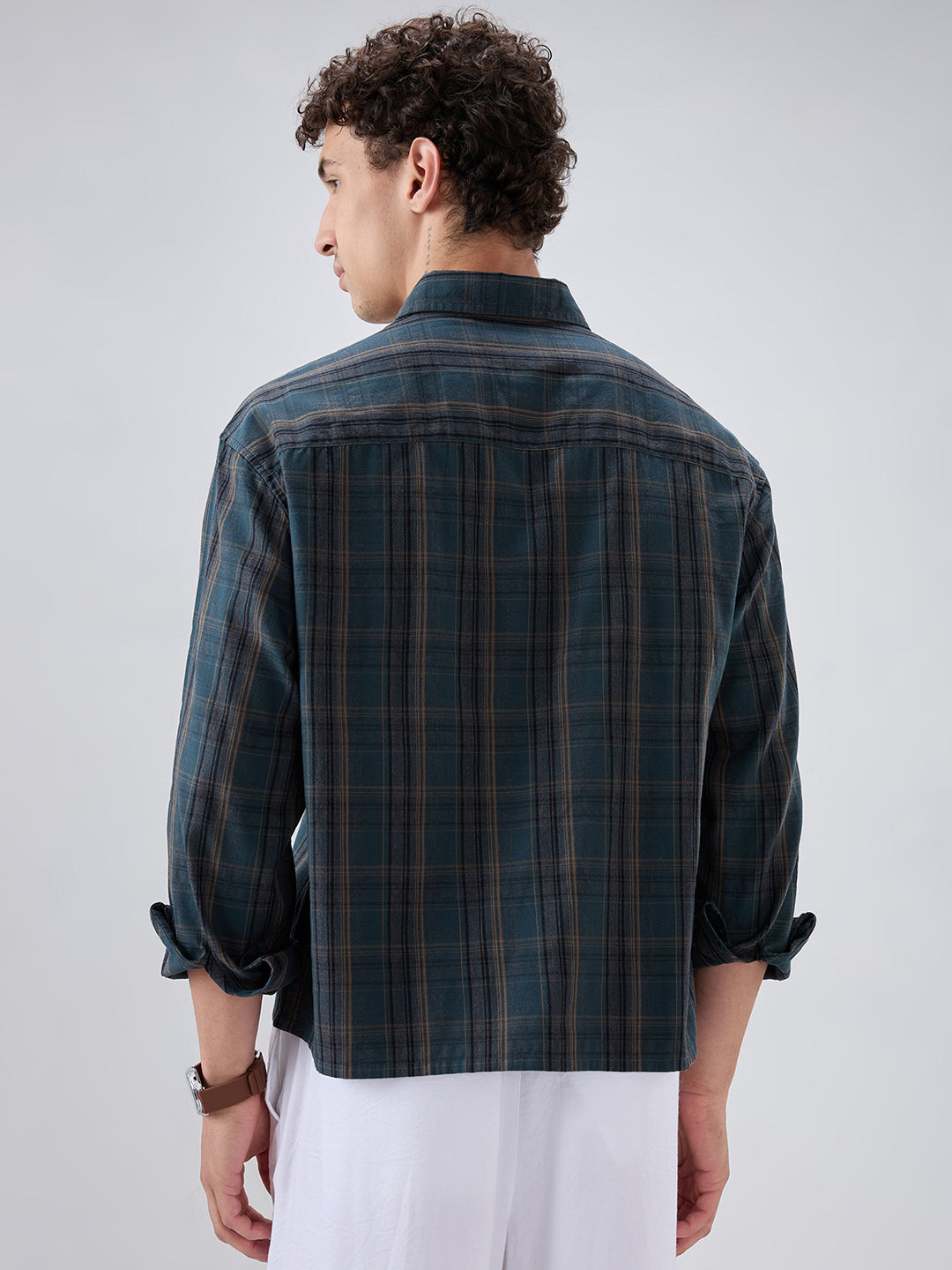 Deep Forest Green Plaid Checks Melange Boxy Fit Crop Shirt