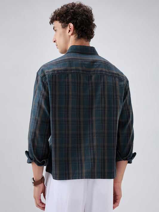 Deep Forest Green Plaid Checks Boxy Fit Crop Shirt