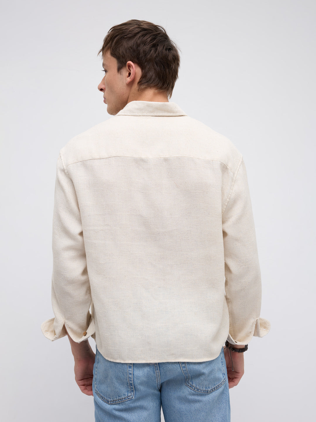 Natural Beige Grain Loom Linen Blend Boxy Fit Crop Shirt
