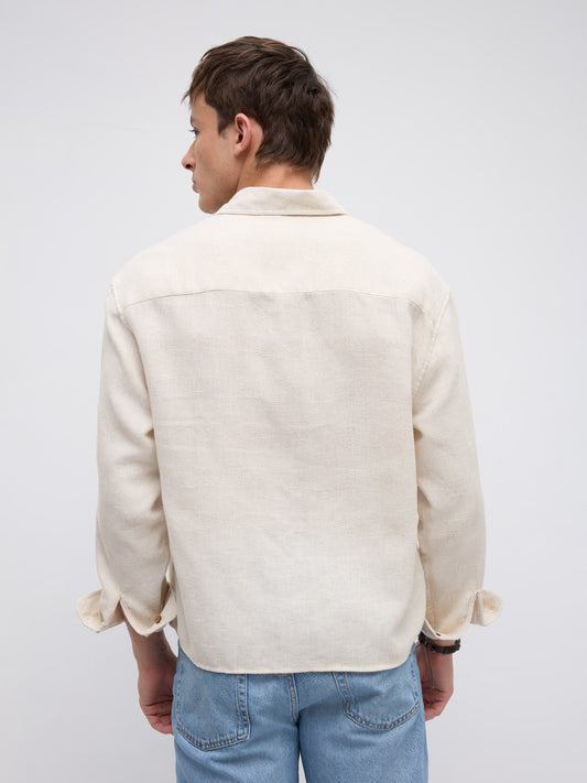 Natural Beige Grain Loom Linen Blend Boxy Fit Crop Shirt