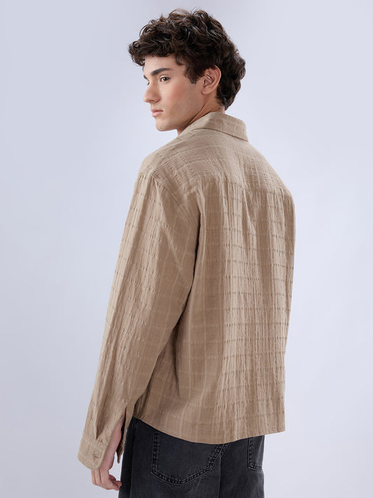 Khaki Grid Textured Story Boxy Fit Crop Shirt