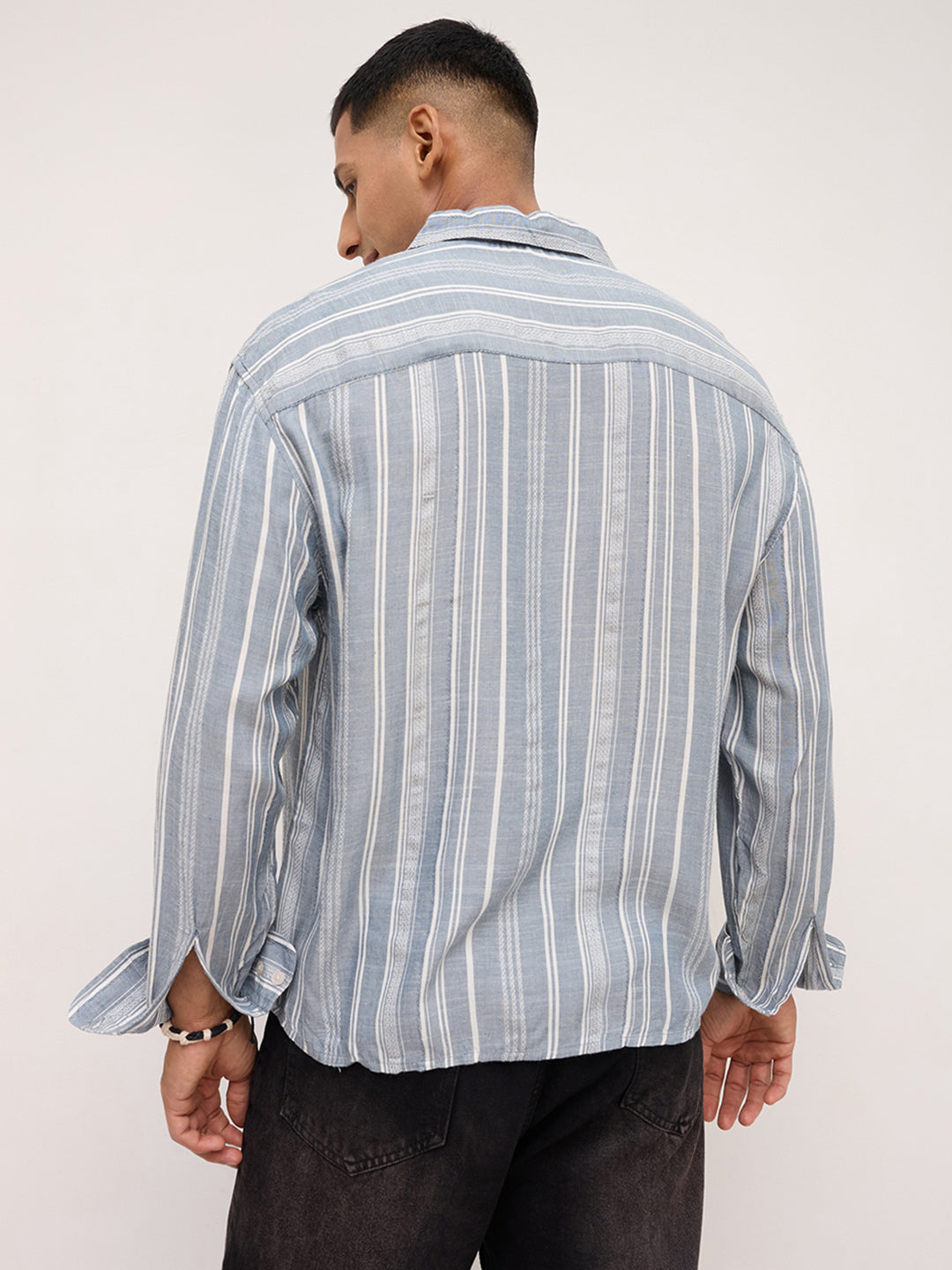 Plushy Grey Stripes Boxy Fit Crop Shirt