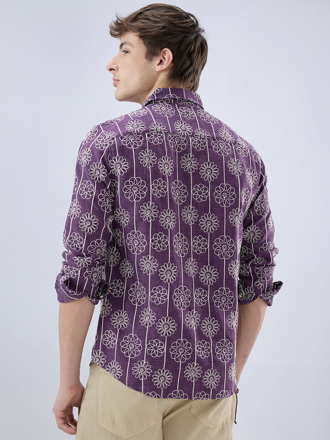 Aubergine Floral Embroidered Slub Shirt