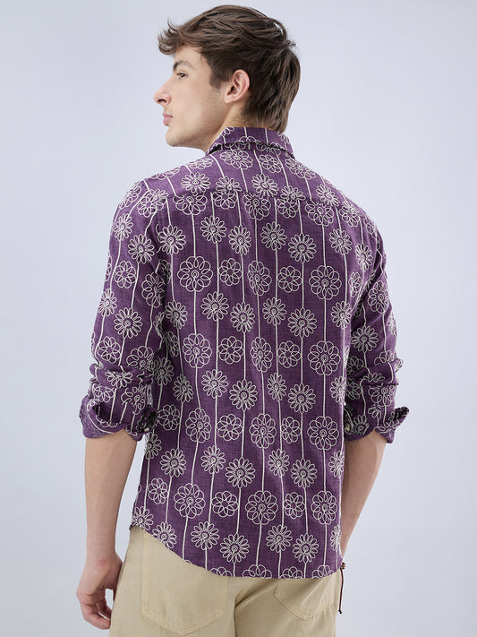 Aubergine Floral Embroidered Slub Shirt