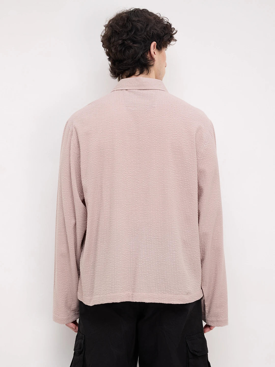 French Beige Seersucker Cuffless Oversized Crop Shirt