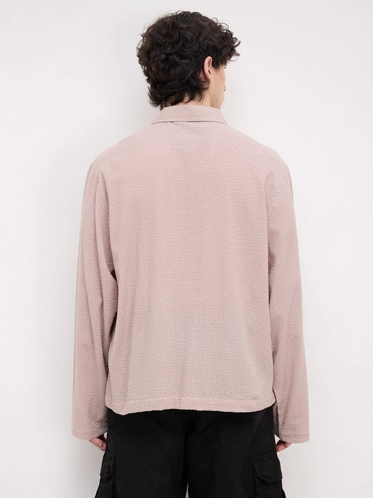 French Beige Seersucker Cuffless Oversized Crop Shirt