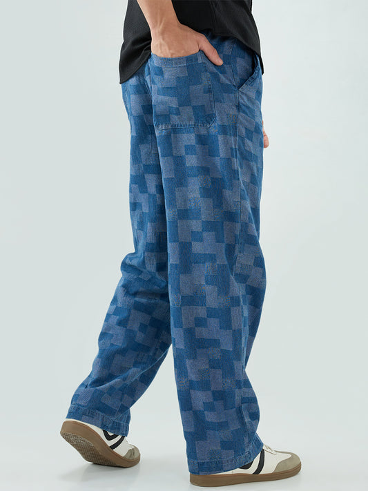 Elegant Denim Blue Box Checks Acid Wash Straight-Fit Trousers
