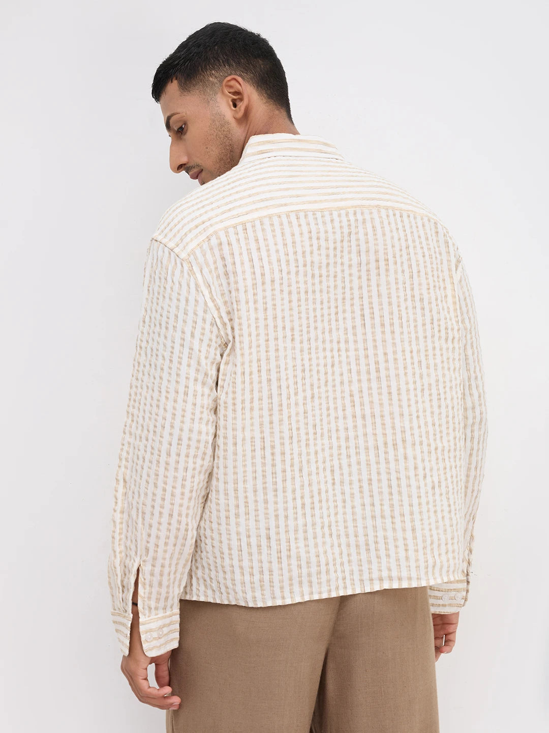 Beige & Ivory Seersucker Candy Striped Boxy Fit Crop Shirt