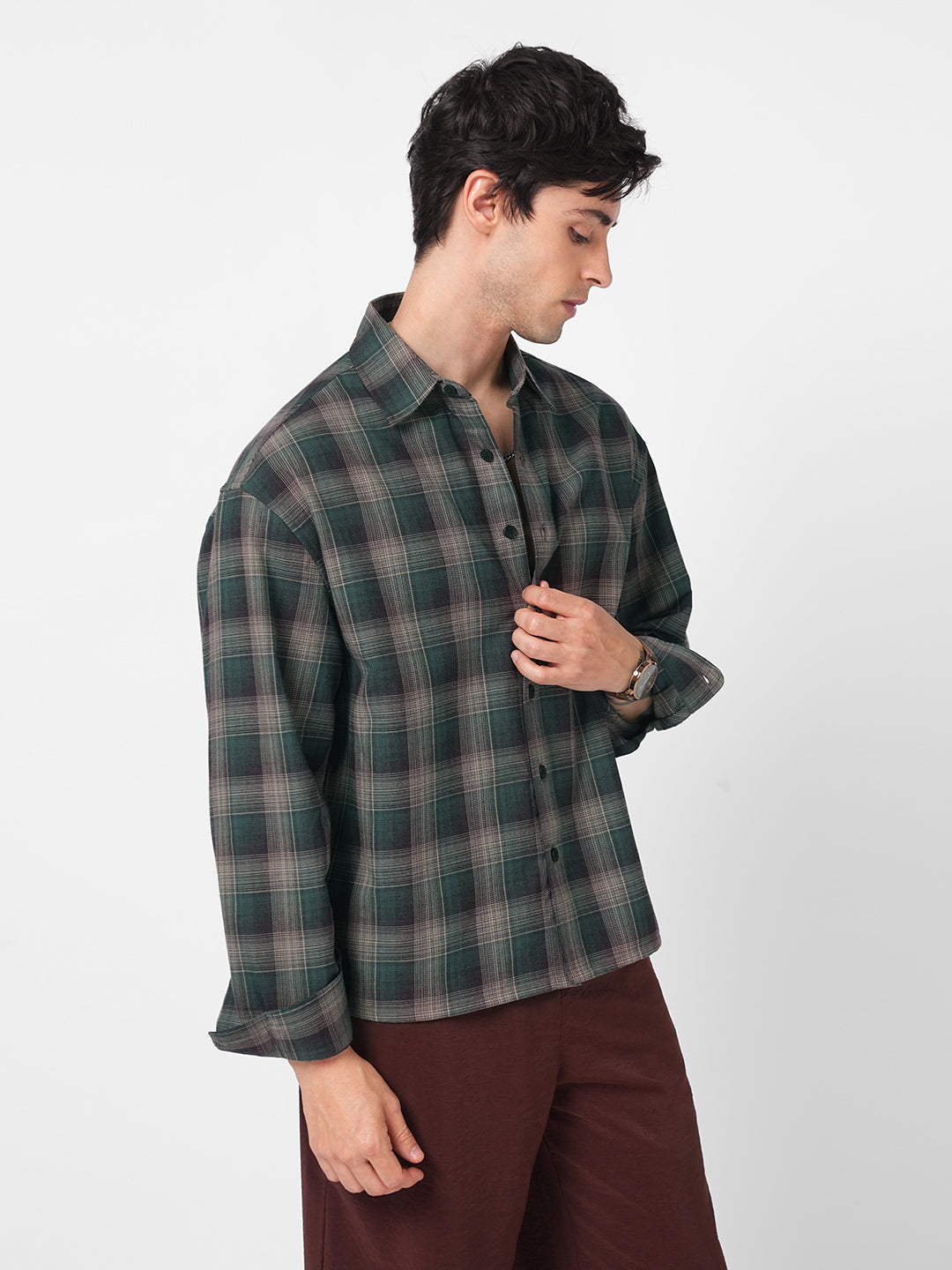 Heritage Forest Green Contrast Fine Checked Boxy Fit Crop Shirt