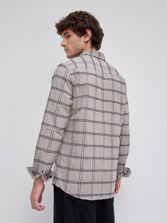 Grey Dimensional Contrast Windowpane Checks Shirt