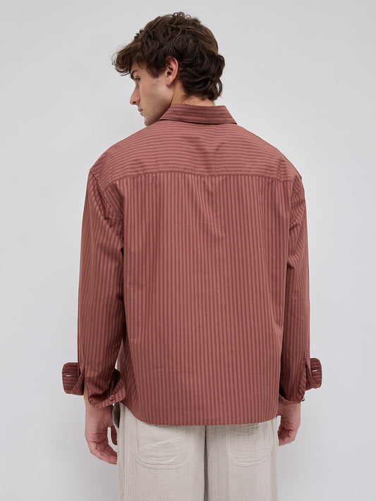Plush Russet Brown Shadow Striped Boxy Fit Crop Shirt