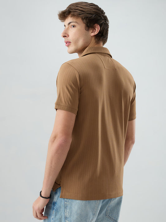 Refined Brown Hairline Striped Polo Knit T-Shirt