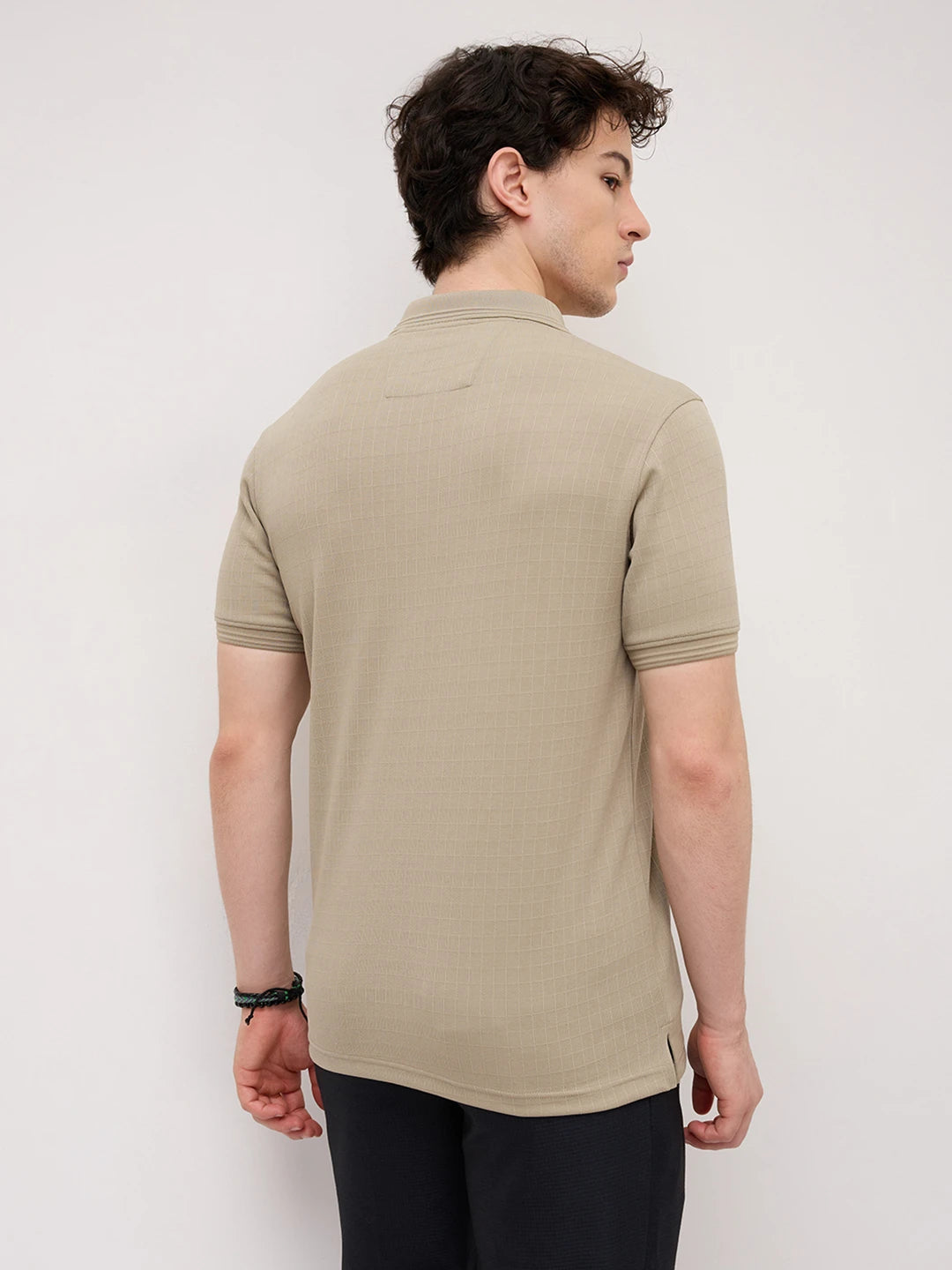 Soft Beige Checks Weave Polo Tee