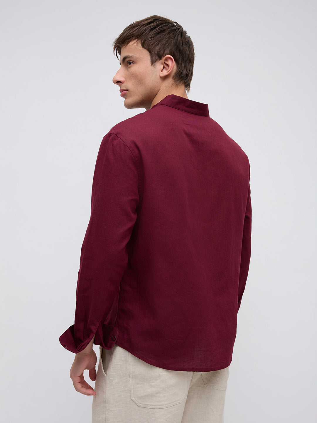 Deep Maroon Linen Blend Stand Collar Oversized Shirt