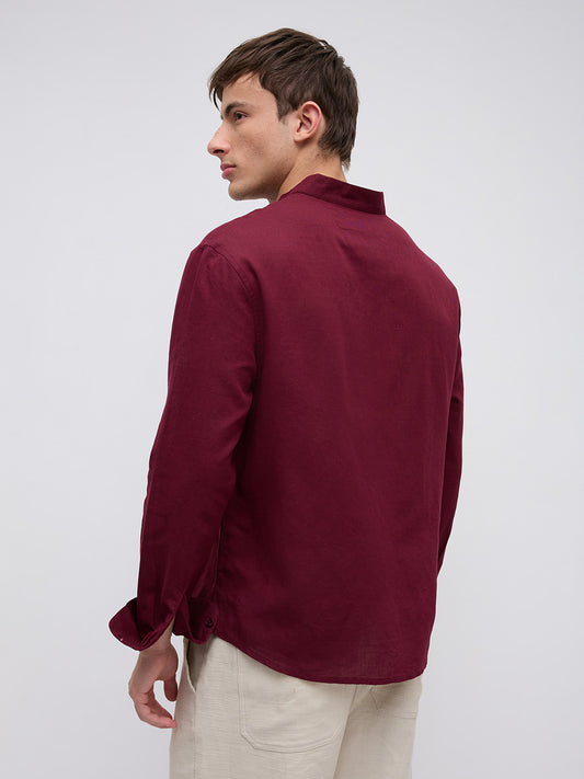 Deep Maroon Linen Blend Stand Collar Oversized Shirt
