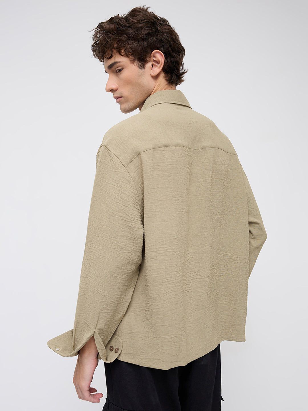 Plush Olive Lightweight Crinkled Boxy Fit Crop Shirt