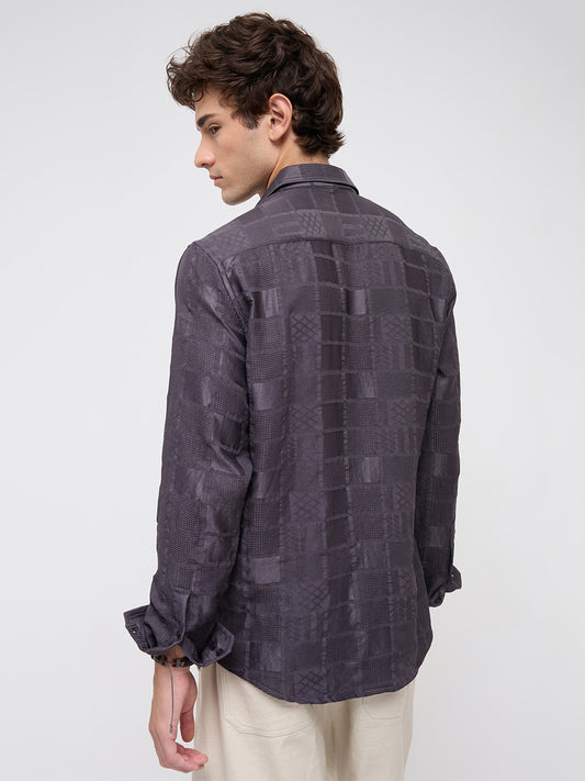 Charcoal Grey Block Checks Motif Embossed Shirt