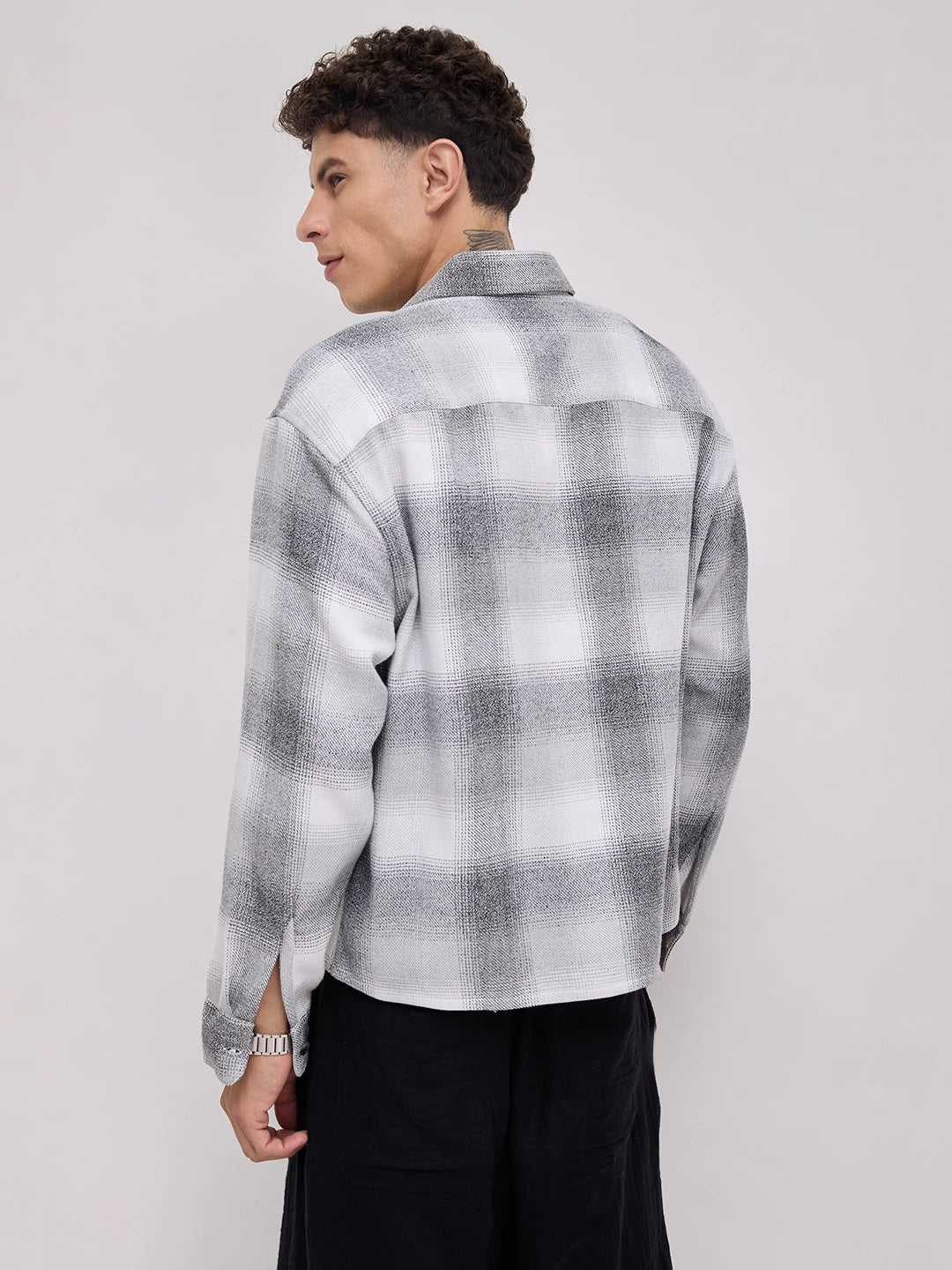Grey & Black Crosshatch Plaid Checks Boxy Fit Crop Shirt
