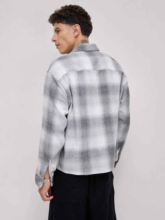 Grey & Black Crosshatch Plaid Checks Boxy Fit Crop Shirt