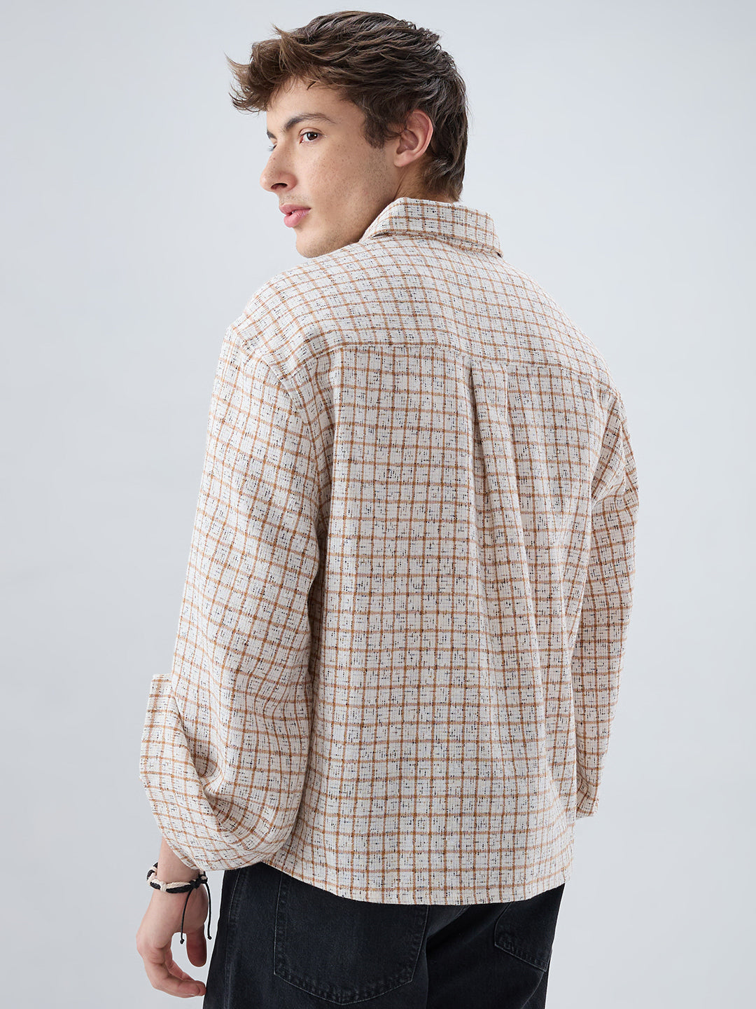 White & Brown Interweave Textured Cuffless Oversized Crop Shirt