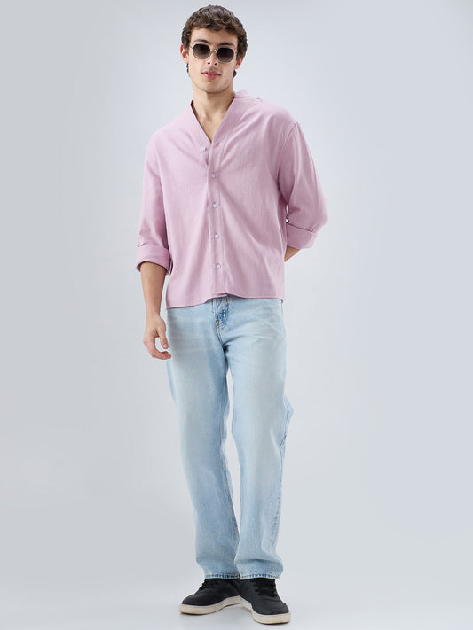 Powder Blush Pink Minimal Twill Textured Stand Collar Oversized Shirt