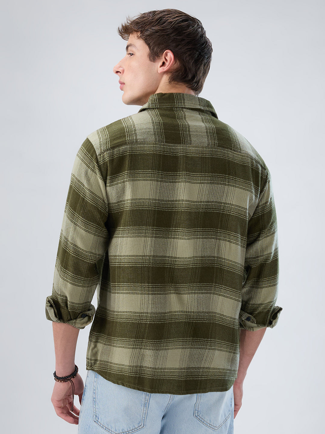 Forest Olive Grid Double Pocket Flannel Shirt