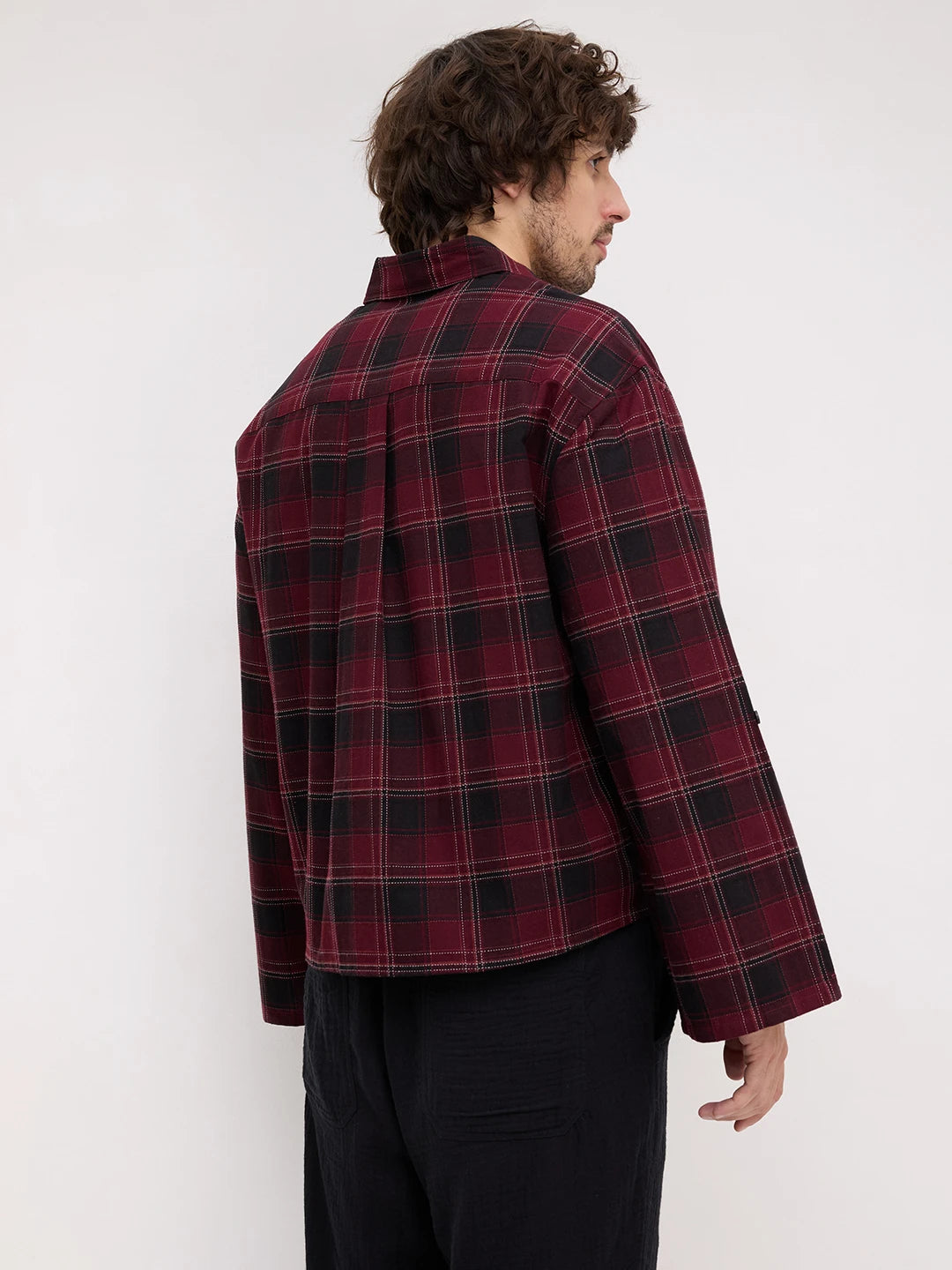 Luxe Blood Red Multi-Line Square Checks Cuffless Oversized Crop Shirt