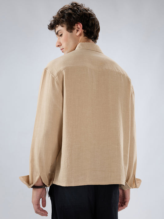 Beige Slub Textured Boxy Fit Crop Shirt
