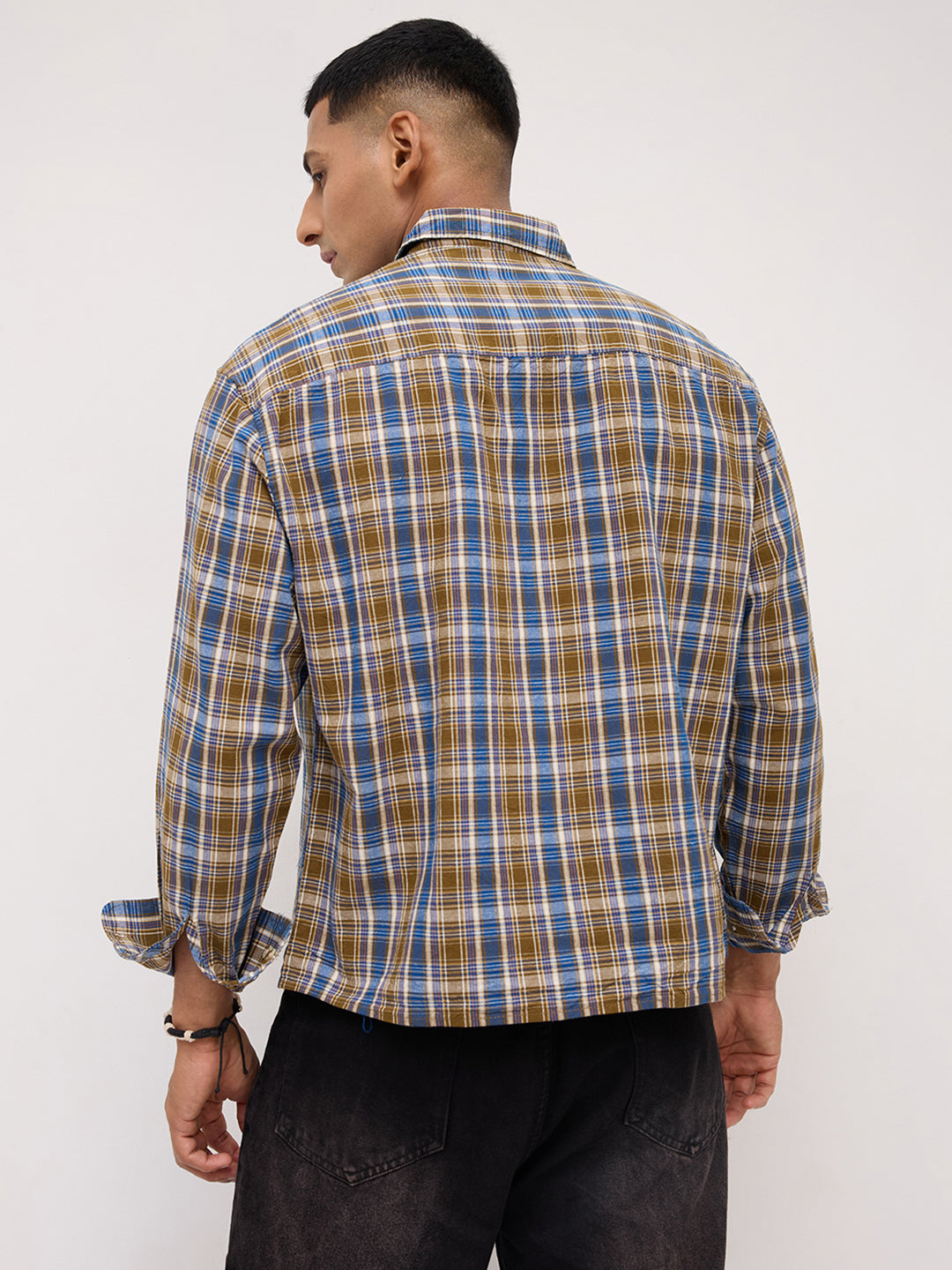 Denim Blue & Olive Checks Linen Blend Boxy Fit Crop Shirt