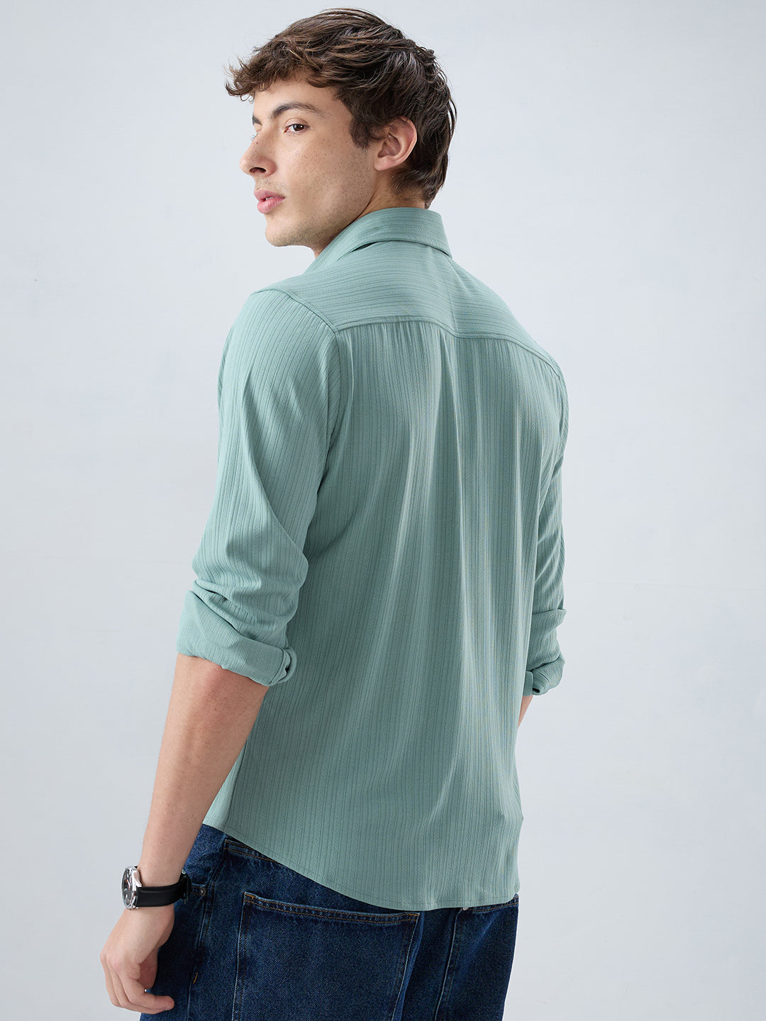 Sea Green Fine Vertical Ribbed Knitted Shirt